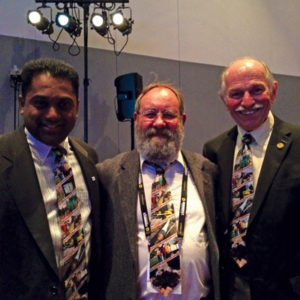 Dr. Sam Ariaratnam (left) and Trenchless Technology Canada publisher Bernie Krzys (right) celebrate with NASTT Hall of Fame inductee Ron Halderman of Mears Group.